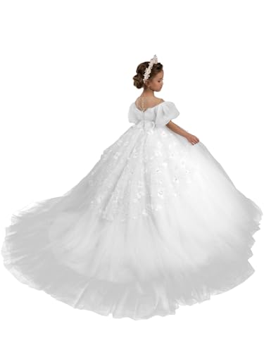 Tulle Flower Girls Dresses Puff Sleeve Pageant Dress for Girls Butterfly Wedding Party Dress