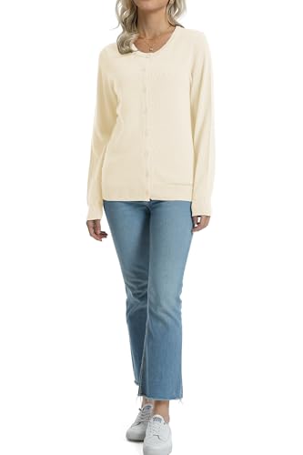 Image of QUALFORT Women's 100% Cotton Lightweight Cardigans Long Sleeve Knitted Button Down Sweater