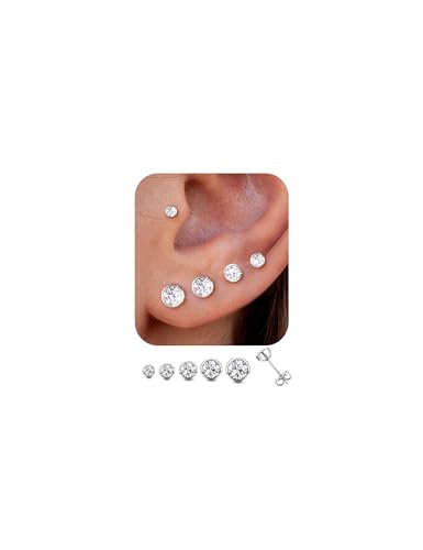 Adramata 5 Pares Pendientes Plata de Ley 925 Mujer Hombre Pendientes de Botón con Circonitas Brillantes Piercing Oreja Hipoalergenicos Pendientes de Aretes Pequeño