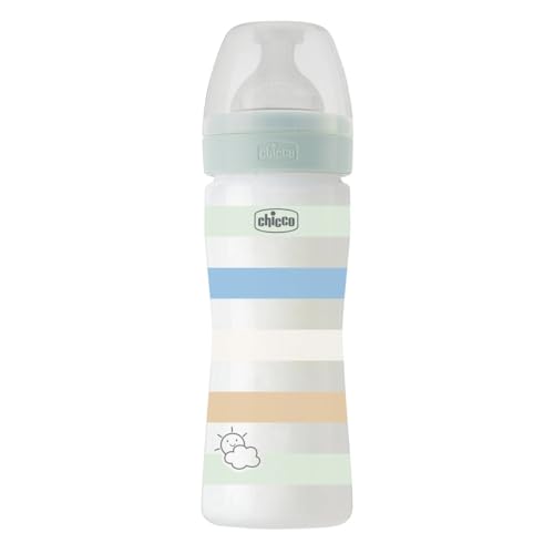 Chicco WELL-BEING Biberón Anticólicos de Flujo Rápido, Biberón para Bebés 2+ Meses con Tetina Physio de Silicona Suave y Acabado Soft Sense, Biberón de Plástico de 250 ml, Verde