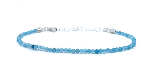 Pulsera de mujer calcedonia azul piedra natural de 2 mm de grosor plata de primera ley 925 ajustable de 16cm a 19cm.
