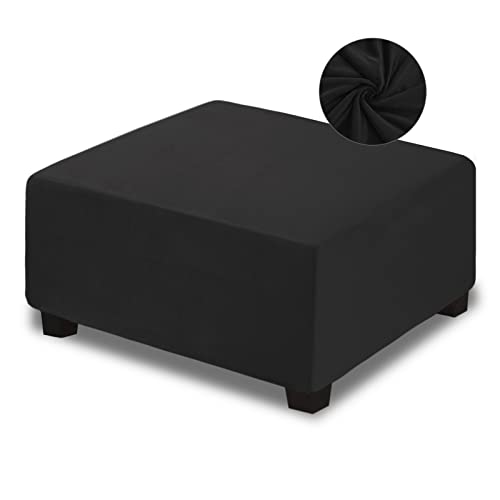 NeColorLife Velvet Ottoman Cover Square, Stretchable Slipcover with Elastic Band for Oversized Footrest Stool Ottoman (XX-Large, Black)