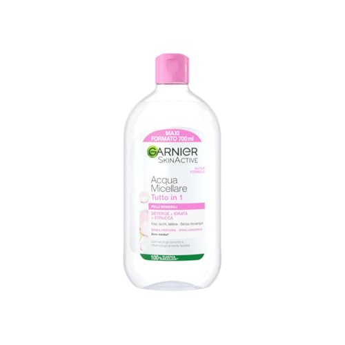 Garnier SkinActive Acqua Micellare Tutto in 1, Per Pelli Sensibili, 100% del Trucco Rimosso, Pelle Detersa e Idratata per 12H, Senza Residui e Senza Risciacquo, Con Micelle e Glicerina, 700 ml