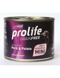 Prolife Umido Cane Adult Mini Sensitive Grainfree 200gr, alimento completo senza cereali per cani Adulti di taglia piccola, gusto MAIALE e PATATE | 6 scatolette da 200 grammi l’una