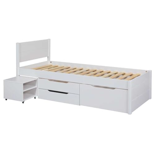 AltoBuy Lit 90x200cm Multi-Rangement en pin Massif Vernis Blanc - EFECT