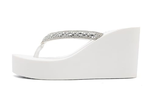 Image of Rhinestone Womens Wedge Sandals for Women Platform Flip Flops Chunky wedge flip flops Heels Sandals Women Wedding Shoes