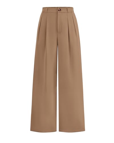 KIRUNDO Wide Leg Dress Pants for Women High Waisted Office Work Trousers Business Casual Slacks Button Flowy Palazzo Pant(Khaki, Medium)