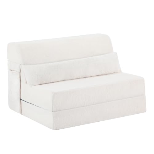 Image of Tiita Convertible Folding Sofa Bed Mattress with Pillow & Side Pocket, Plush Fabric Floor Mattress Couch Bed, Washable Cover, Twin Size, Beige