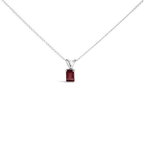 14K White Gold 6x4MM Emerald Cut Red Garnet Solitaire Pendant Necklace