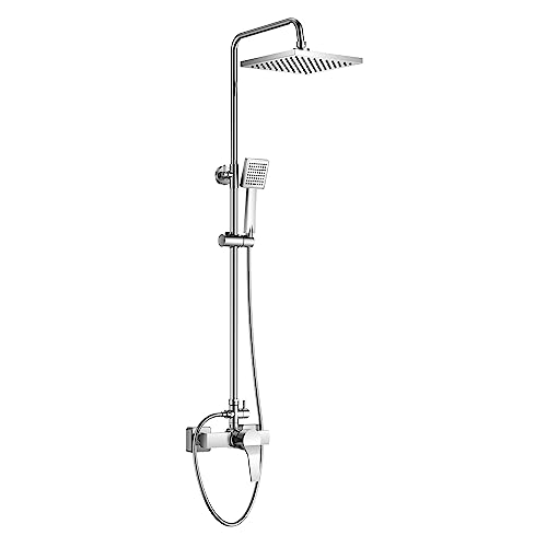 Duschset mit Armatur, Duschsystem mit Einhebelmischer Duscharmatur,Verstellbare Duschstange und Eckige Kopfbrause, Regendusche mit Armatur, Silber (style1)