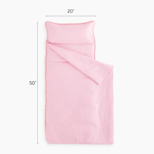 wake in cloud - toddler nap mat with pillow and blanket for kids boys girls in kindergarten daycare preschool pre k roll up sleeping bag solid color pink standard