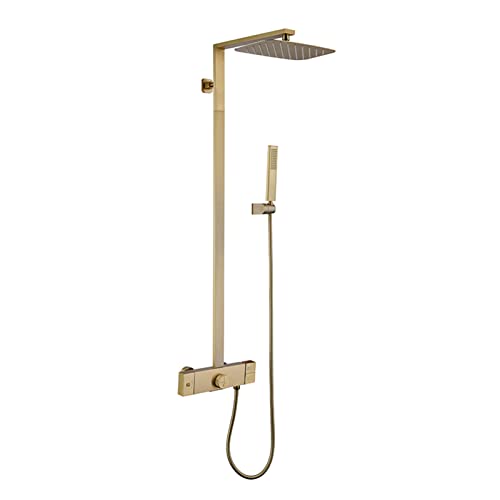 FKXSXAZ Juego de Grifo de Ducha termostático Dorado Cepillado, Sistema Expuesto, Cabezal de Lluvia con Ducha de Mano, caño de bañera, Grifo Mezclador de baño de Pared