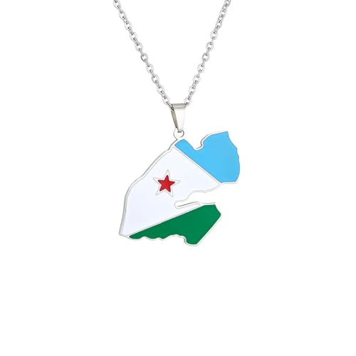 Macracrua Collier léger avec pendentif carte du drapeau de Djibouti - Bijou pour homme et femme - Cadeau minimaliste, 60cm Chain, Acier inoxydable, Pas de pierre précieuse
