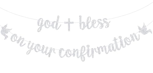 God Bless On Your Confirmation Banner, First Holy Communion/God Bless, Baptism Banner - Religious Communion, Christening, Wedding, Baby Shower Party Decorations, Silver Glitter