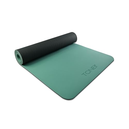 TONE Fitness Yoga Mat 1/4" Thick Non Slip Exercise & Pilates Mat for Home Workouts with Carrying Strap | V Pattern | Black/Teal