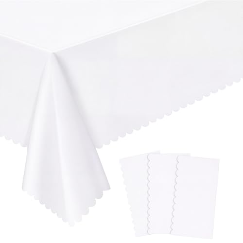 Image of NatNarr 3 Pcs White Tablecloth Plastic, Scalloped Disposable Table Cloth