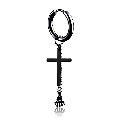 Boucles d'oreilles punk croix et étoile en acier titane noir pour look gothique unisexe