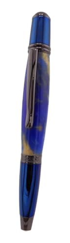 Handmade Sierra Mesa ballpoint pen. Gold and blue acrylic body. Metallic Blue and Gunmetal Trim. Black ink.