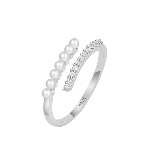 FUNYCHEN Pearl Rings for Women Dainty 925 Sterling Silver 14K Gold Plated Pearl Stackable CZ Adjustable Open Wrap Rings Fashion Statement Wedding Band Ring Jewelry Birthday Summer Ocean for Her (Silver)