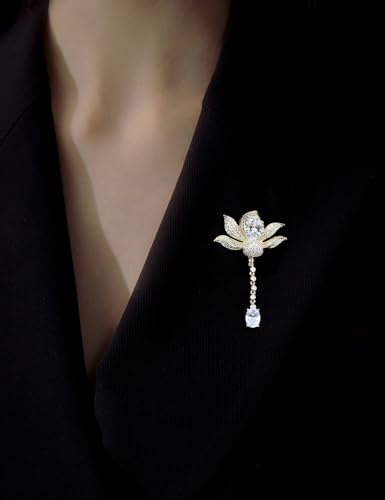 Image of Women's Cubic Zirconia Orchid Flower Brooch Crystal Floral Boutonniere Petal Lapel Pin Beastpin Bridal Wedding Jewelry with Tassel