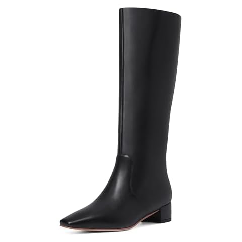 MUCCCUTE Knee High Boots - Black Boots for Women Square Toe Chunky Heels Tall Boots Pull-On PU Low Block Heel Long Boot Size 9 Cover