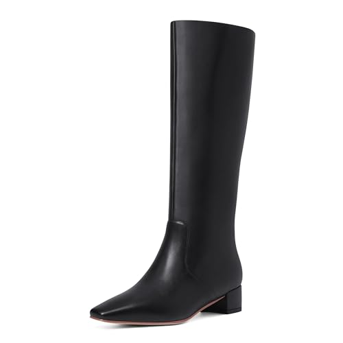 MUCCCUTE Knee High Boots Women - Boots for Women Square Toe Chunky Heels Tall Boots Pull-On PU Low Block Heel Long Boot