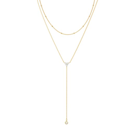 Dainty Lariat Y Necklace 14K Gold Plated & Silver Layered Pendant for Women