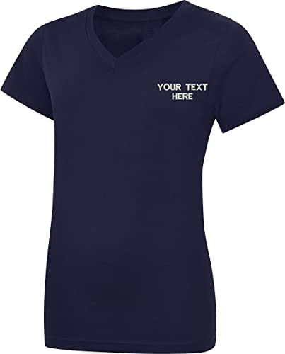 Image of Personalised Embroidered Your Text UC319 Ladies Classic V Neck T Shirt, Work Wear Any Text Ladies Tee Top (Navy, L)