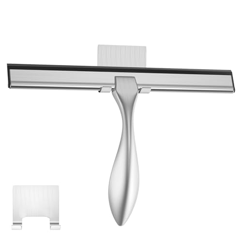 peafowl Shower Squeegee Stainless Steel Bath Squeegee for Shower Glass Doors Bathroom Windows Kitchen Mirror and Car Glass with Hooks Holder (10 inch, Brushed Silver)