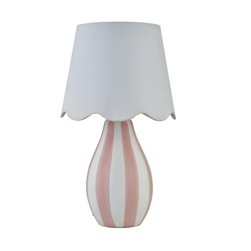 Pink Striped Ceramic Table Lamp or Bedside Light, White Scalloped Fabric Shade, Height 37.5cm, LED Compatible
