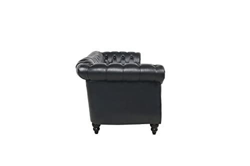 Image of Chesterfield Sofa Leather, Modern PU Tufted Couch 3 Seater with Rolled Arms and Nailhead for Living Room, Bedroom, Office, Apartment (Black)