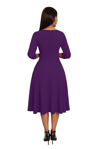 Image of Nmoder Midi Dresses for Women A-Line Fit and Flare Dress 3 /4 Sleeve V Neck Cocktail Wedding Guest Work Dress with Pockets