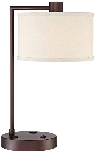 360 Lighting Colby Modern Desk Table Lamp With Usb And Ac Power Outlet In Base 21" High Bronze Metal Linen Uno Fitter Drum Shade For Living Room Bedroom House Bedside Nightstand Home Office #TOP7