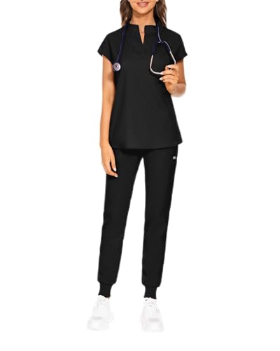VIAOLI Scrubs for Women Set - V-Neck Top and 8 Pocket Drawstring Jogger Pants with Threaded leg Nursing Uniform Workwear (Black,S,Small)