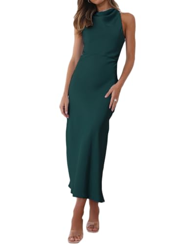 Image of Halfisland Womens Satin High Neck Backless Sleeveless Cocktail Midi Dress