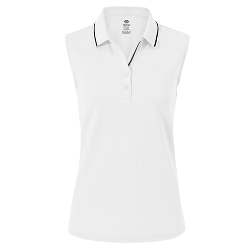 AjezMax Donna Polo Senza Maniche Cotone Golf Maglietta Polo Maglia Sportiva Yoga Top con Bottone Bianco L