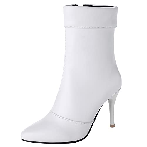 Gicoiz Women Office Mid Calf Stiletto Heels Boots Side Zip Work Formal Dress Shoes Winter Pointed Toe Warm Half Booties White Size 3 US/34