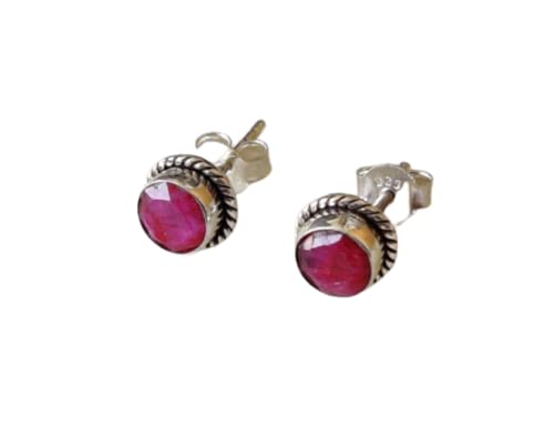 AvicraftsRuby Stone Stud Post Earrings, 925 Sterling Silver Gemstone Earring 6 MM Round Girls Women Gift