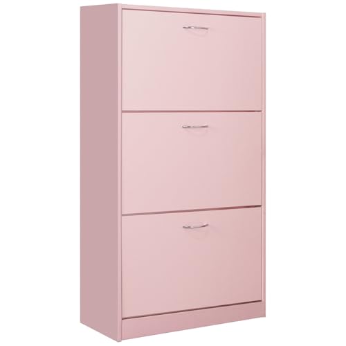 BAKAJI Scarpiera Salvaspazio Slim Portascarpe in Legno Melaminico con 3 Ante a Ribalta e Doppia Profondità Dimensioni 60 x 24 x 120 cm (Rosa)