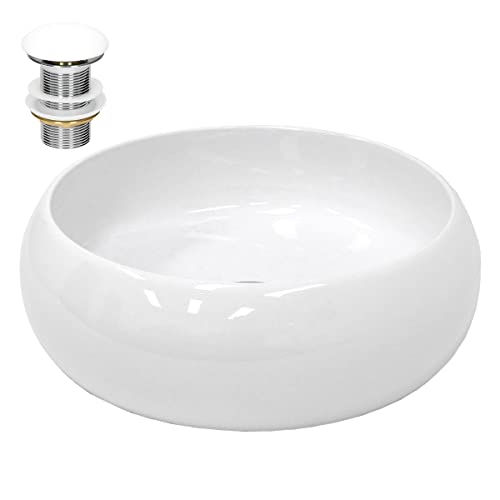 ECD Germany Lavabo en Céramique Blanc Ø 350x120 mm avec Garniture de Vidage 1 1/4