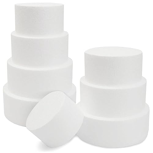2 Pack Round Foam Cake Dummy Set, 4 Tiers for Display, Arts and Crafts (White)