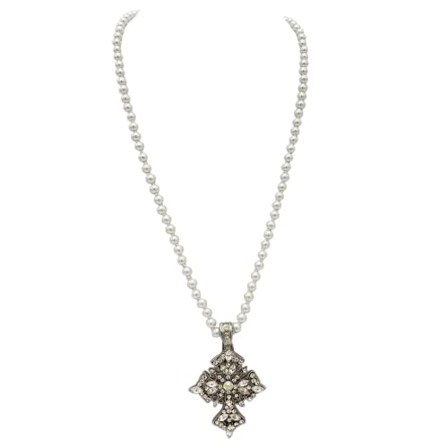 Rosemarie'S Religious Gifts AJ-MP0437S-RM-17380WHR Women'S Stunning Vintage Vibes Silver Tone Crystal Rhinestone Embellished Christian Cross Pendant On Knotted 6Mm Faux Pearl Endless Strand Necklace thumb #4