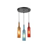 PAYAER Industrial Vintage Wine Bottle Pendant Light Fixture, 3-Light Colored Glass Hanging Ceiling Lamp for Bar Restaurant Kitchen Island Dining Room Cafe Decor