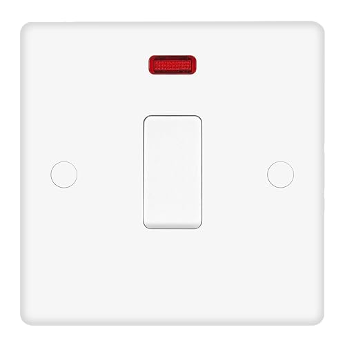 EVOGES Vector - Interruptor de doble polo de 20 A con neón - Placa única blanca brillante, aislante de carga media para calentadores de agua y ventiladores, incluye tornillos de fijación y tapas de