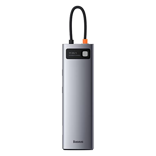 Image of Baseus Metal Gleam 11-in-1 USB-C Hub Docking Station | Dual HDMI 4K, VGA, RJ45, 100W PD, 3xUSB 3.0, SD /TF, AUX Audio | Triple Display Type-C Adapter for MacBook, Windows, and Laptops (Grey)