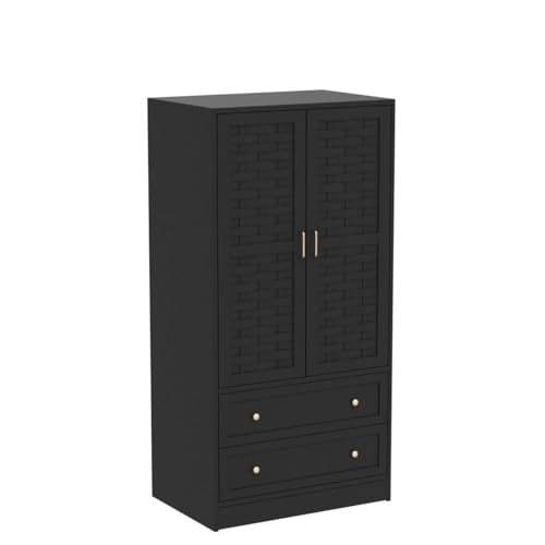 LEVNARY-Armoire-Wardrobe-Closet-with-2-Woven-Doors-Wardrobe-Cabinet-with-2-Storage-Drawers-and-Hanging-Rail-Freestanding-Wooden-Closet-for-Bedroom-Black LEVNARY Armoire Wardrobe Closet with 2 Woven Doors Wardrobe Cabinet with 2 Storage Drawers and Hanging Rail Freestanding Wooden Closet for Bedroom Black