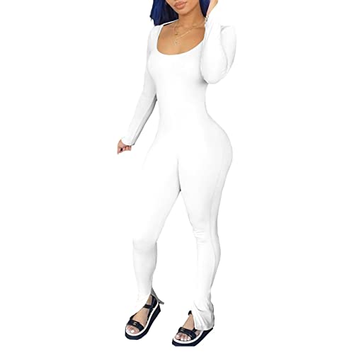 Image of FeMereina Women Sexy Backless Bodycon Jumpsuit Long Sleeve High Waist Party Club One Piece Jumpsuits Flare Romper Bodysuit (White, M)