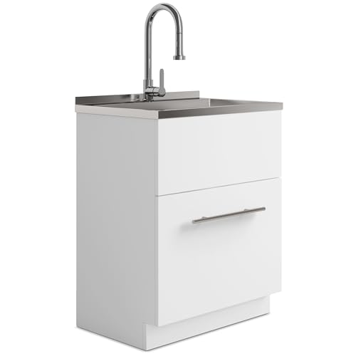 Image of SIMPLIHOME Metro 28 inch Wide Stainless Steel Sink Laundry Cabinet in White