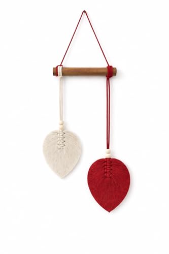 Image of AdFashionble Boho Macrame Wall Hanging Leaf Decor for Home, Living Room & Bedroom | Cotton Thread Art with Wooden Rod | Minimalist Handmade Wall Decoration | Aesthetic Nordic Wall Art for Home, Office & Gift Purpose (RED & WHITE)