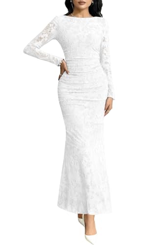 MITILLY Fall Long Sleeve Dress for Women 2026 Elegant Floral Bodycon Ruched Maxi Formal Wedding Guest Dresses Large White
